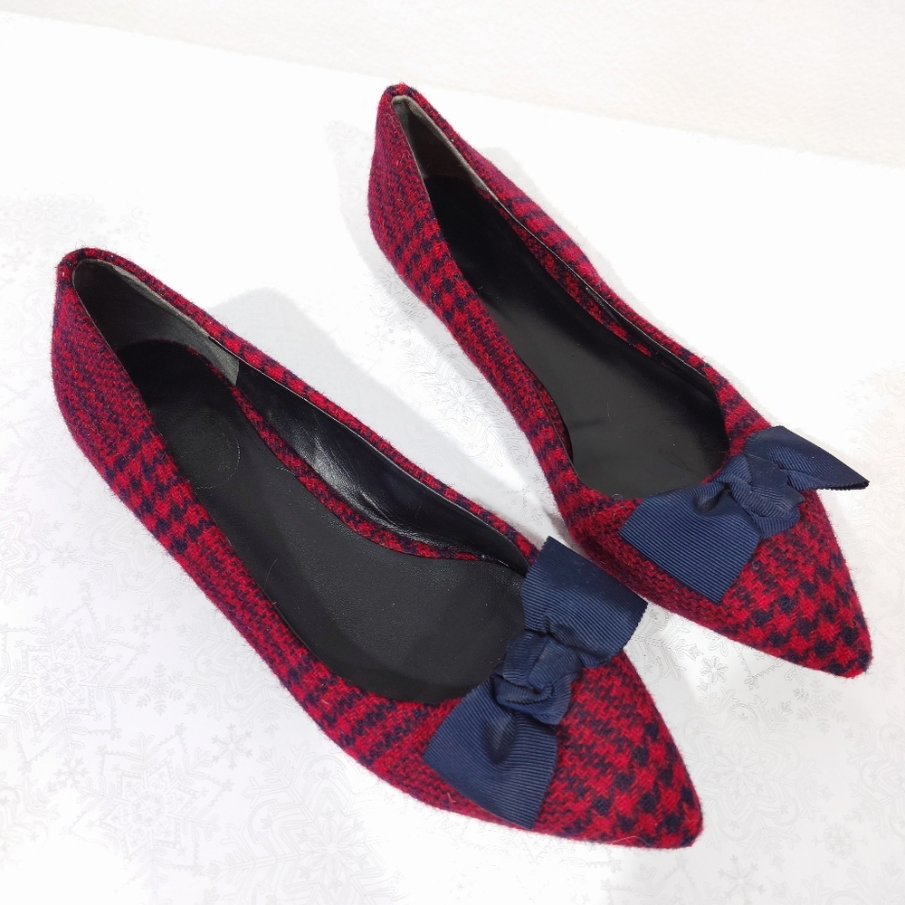 Brooks Brothers Red Fleece Houndstooth Flats 8.5 Red Navy Tweed Bow Pointed Toe - Picture 2 of 7